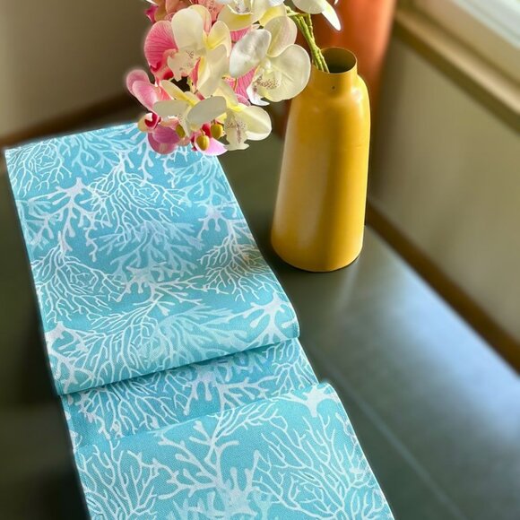 Ocean Blue Coral Oceanic Summer Decor Coastal Beachy 72" Linen Table Runner New - Picture 4 of 5